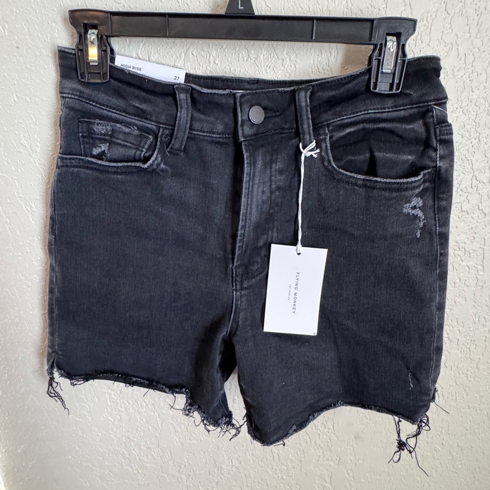 Flying Monkey High Rise Black Jean Midi Shorts Distressed Raw Hem